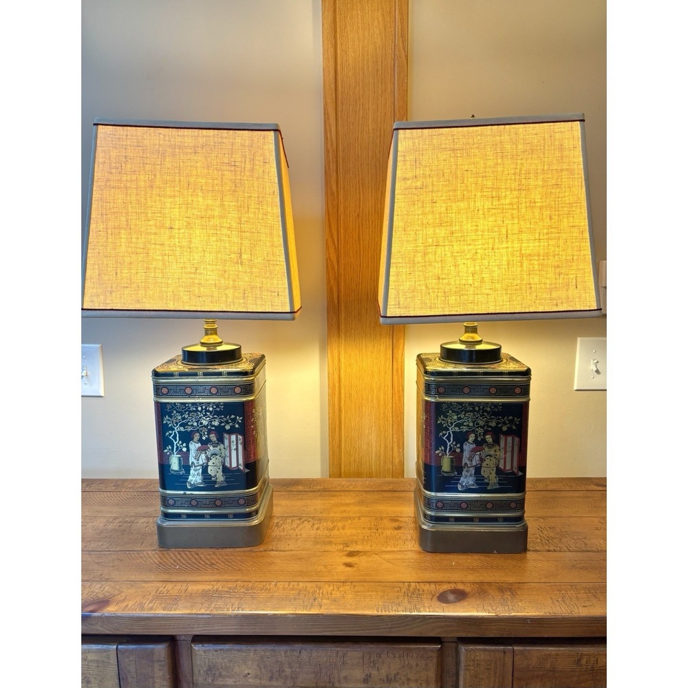 Frederick Cooper Asian Tea Caddy Tin Table Lamp with Shade Pair